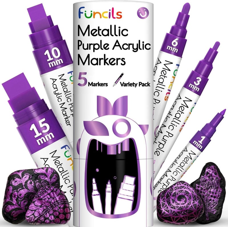 Funcils 5 Metallic Acrylic Purple Paint Pen - Extra Fine Tip, Thin & Jumbo (1mm, 3mm, 6mm, 10mm, 15mm) - Markers for Fabric, Metal, Plastic, Canvas, Wood, Rock Painting, Glass, Purple Permanent Marker - Image 1
